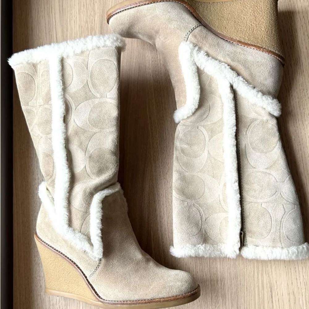 Coach Signature Jordana Suede Shearling Trim Wedge Side Zip Boots Womens Sz 10